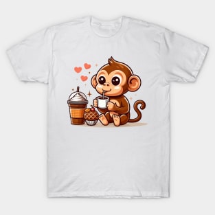 Cute Cafe Monkey Drinking Coffee T-Shirt